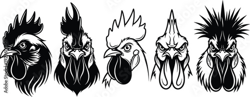 Stylized rooster head silhouettes in bold black and white artwork, unique comb and feather variations, rustic farm animal illustration set for logos, tattoos, and design