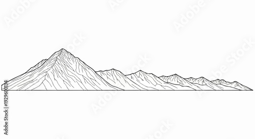 A stark, minimalist line drawing depicts a jagged mountain range stretching across the frame