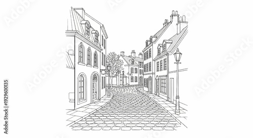 A sketch of a narrow, cobblestone street lined with historic buildings and a lamppost
