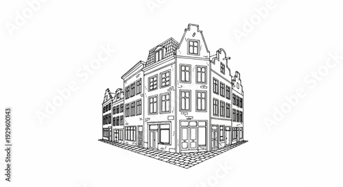 Sketch of historic row houses with distinctive gabled roofs on a cobblestone street