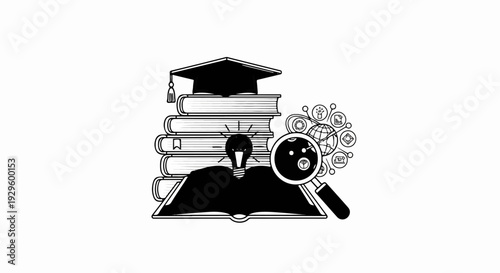 Stack of books with graduation cap, light bulb, and magnifying glass over globe