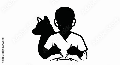 Silhouette of a person in scrubs performing surgery with a dog's shadow behind them