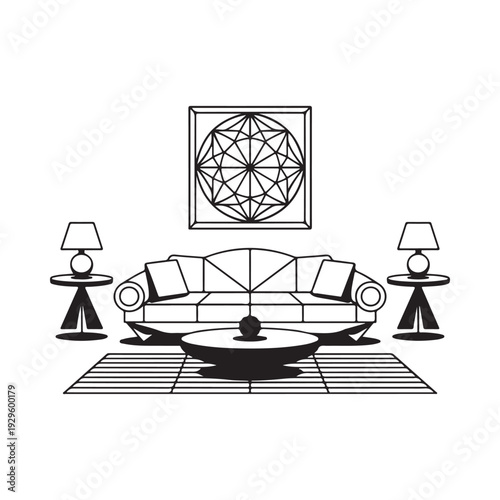 Minimalist living room interior with sofa lamps artwork and a central coffee table