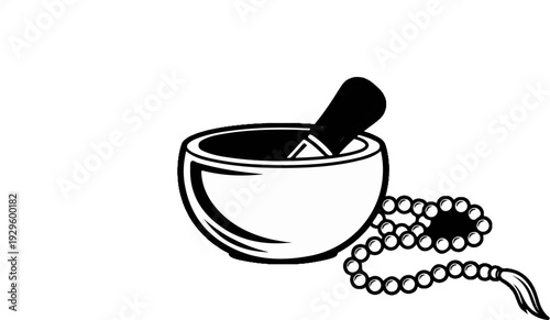 A black and white illustration of a mortar and pestle with prayer beads