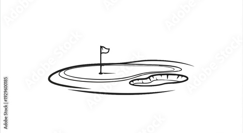 A minimalist, hand-drawn illustration of a golf putting green with a flag and sand trap