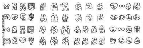 Line icons of people hugging and showing care.