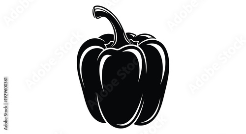 A striking black silhouette of a bell pepper with a curved stem showcasing a bold graphic design silhouette