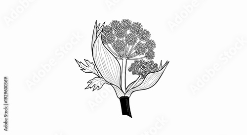 Line art illustration of an herb with a compound umbel inflorescence and serrated leaves