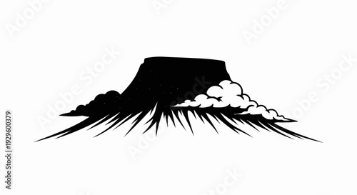 Stylized black mountain with sharp peaks, surrounded by fluffy clouds