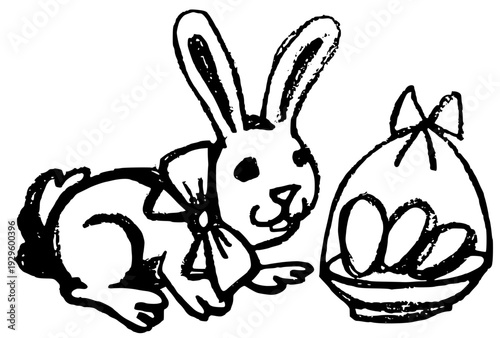 Hand drawn sketch of a cute Easter bunny with a bow and eggs. 