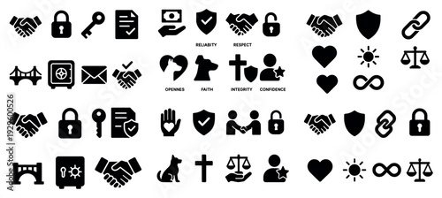 Trust icons with handshake lock shield bold