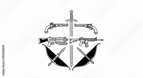 Vintage pistol, revolver, futuristic gun, rifle, sword, and bows with arrows