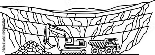 Excavator loading a large truck in a tiered open-pit mine