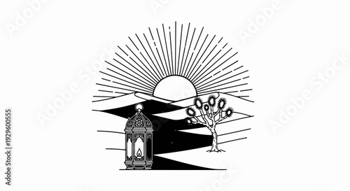 Stylized desert landscape with sun, lantern, and tree under a radiant sun