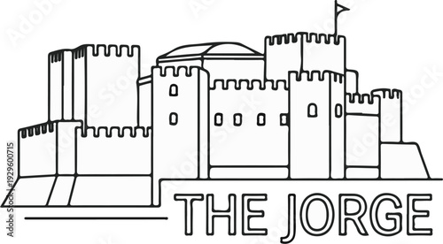 Stylized line drawing of a castle structure with battlements and arched windows