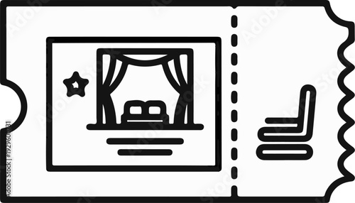 A black and white icon of a ticket for an event, depicting a stage and a seat
