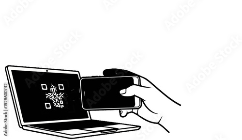 A hand holds a smartphone scanning a QR code displayed on a laptop screen