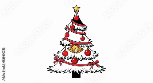 Festive decorated evergreen with red ornaments, golden bells, and a star topper