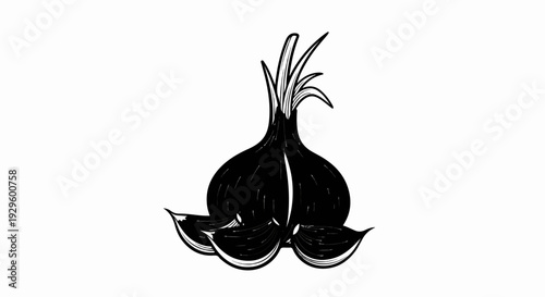 Stylized black and white illustration of a garlic bulb with cloves