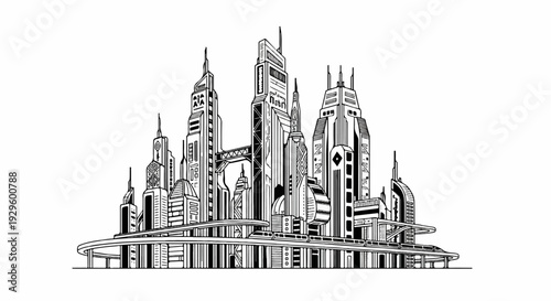 Futuristic cityscape with towering skyscrapers and elevated transit system, detailed line art