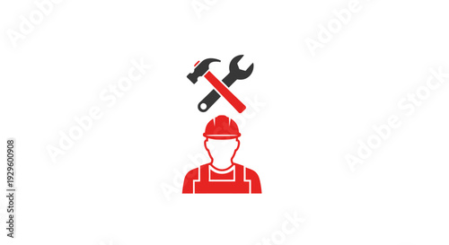 Red Worker Icon with Tools Overhead.