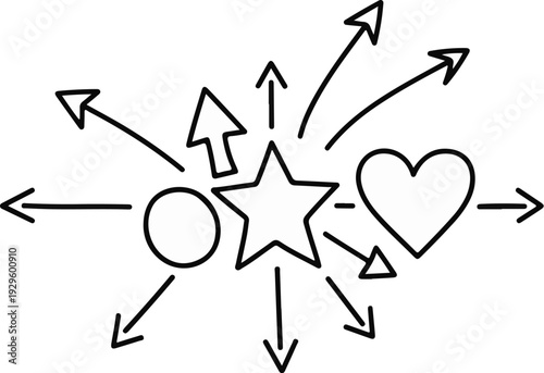 Outward radiating arrows from circle, star, and heart shapes
