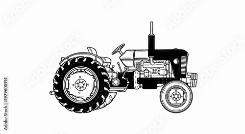 A black and white illustration of a vintage tractor with large rear wheels