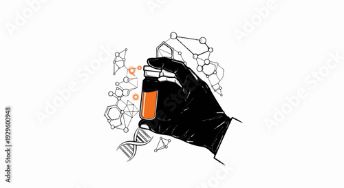 Gloved hand holds vial amidst molecular and DNA structures, symbolizing discovery