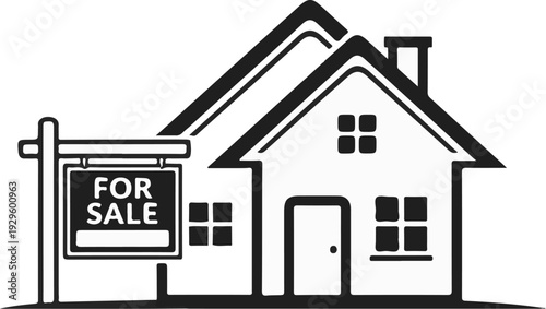Stylized black and white illustration of a house with a "For Sale" sign