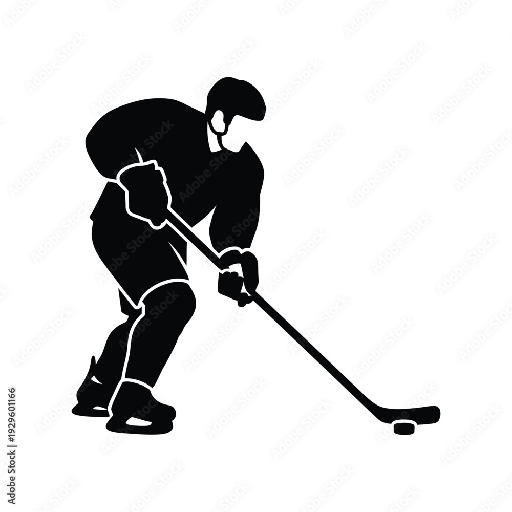 Obraz premium Ice hockey player in action with stick and puck for sports and recreation design elements isolated