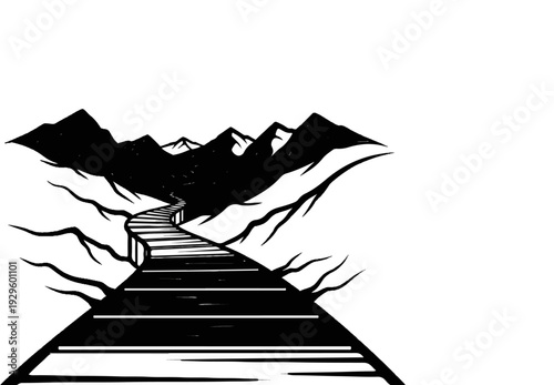 Black and white illustration of a winding wooden boardwalk through mountainous terrain