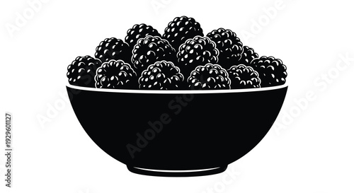 A striking black and white illustration depicts a bountiful bowl overflowing with ripe blackberries presented as a silhouette