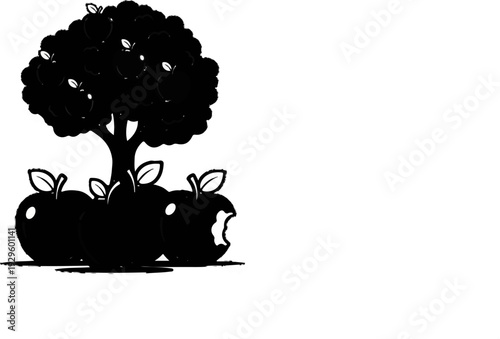 A silhouetted tree heavy with fruit stands behind three apples, one partially eaten