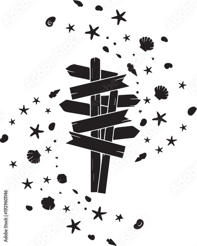 Rustic wooden signpost with multiple blank arrows surrounded by an array of sea stars and seashells