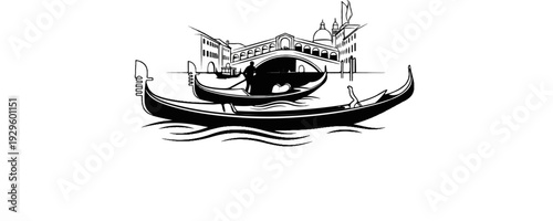 A black and white sketch of two gondolas gliding on water near a grand arched bridge