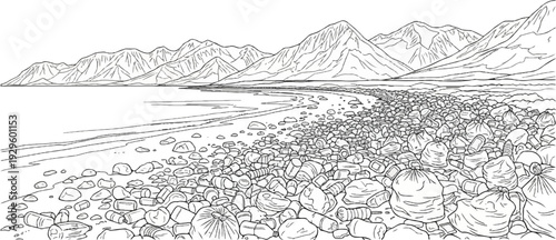 A coastline littered with plastic bottles and trash bags beneath majestic mountains