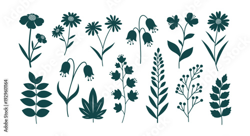 Elegant Blue Botanical Vector Collection Delicate Flowers Leaves Branches Ferns Illustrations Set
