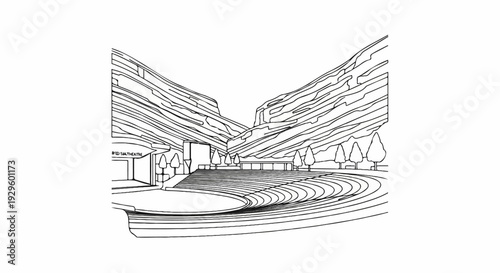 Outdoor amphitheater nestled within majestic rock formations, seating for many