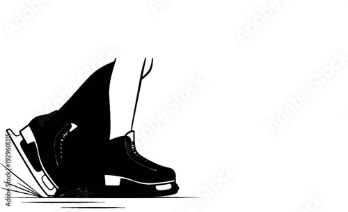 A stylized black and white illustration of a figure skater's feet and skates on ice
