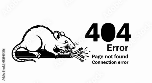 A stylized rat gnaws on a bundle of wires, signifying a network connection error, with "404 Error" displayed