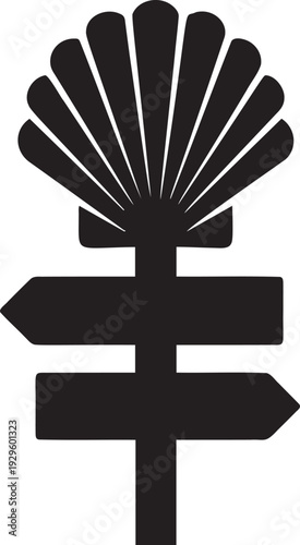 Scallop shell signpost with directional arrows, iconic symbol for pilgrimage routes and travel guidance