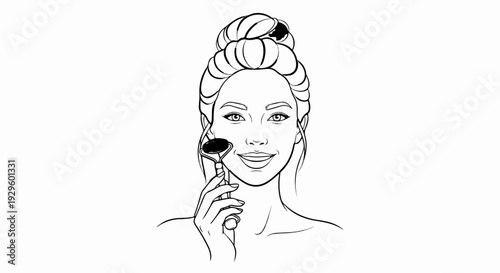 Line art of a woman with her hair in a bun, using a roller on her face