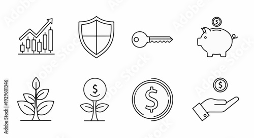 Financial icons including growth chart, shield, key, piggy bank, plant, coin, and hand