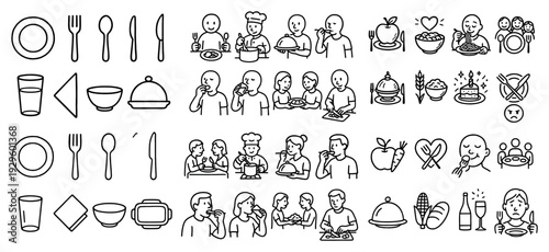 Line icons showing dining scenes and tableware.
