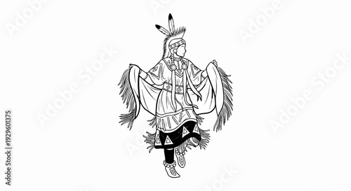 A person in traditional regalia with feathered headdress and fringed attire