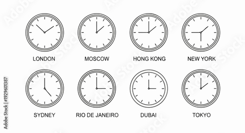 Eight simple line drawings of clocks, each displaying a different time and labeled with a city name
