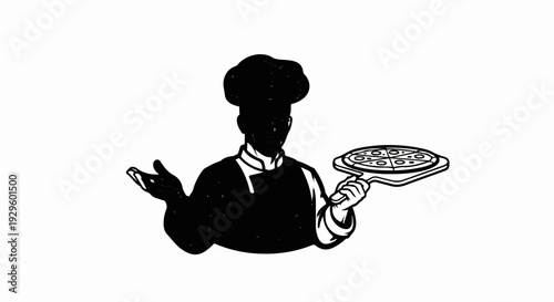 Silhouette of a chef in uniform holding a pizza on a peel, offering it