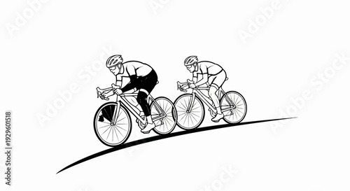 Two cyclists in racing gear pedal their bikes up a gentle incline