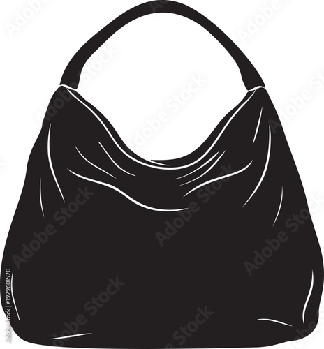 Black silhouette of a fashionable hobo bag with a single strap, isolated on transparent background for easy editing.