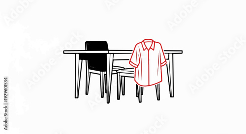 Minimalist illustration of a table with chairs and a red-outlined shirt
